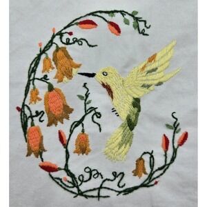 Vintage‎ Embroidered Humming Bird Floral 10x10 Handmade Fabric Textile Art